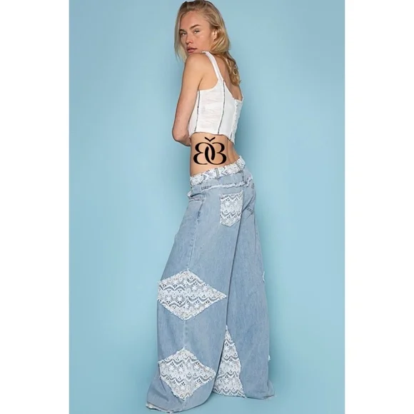 POL Vintage Washed Crochet Patched Straight Wide Leg Slouch Jeans - Picture 7 of 16